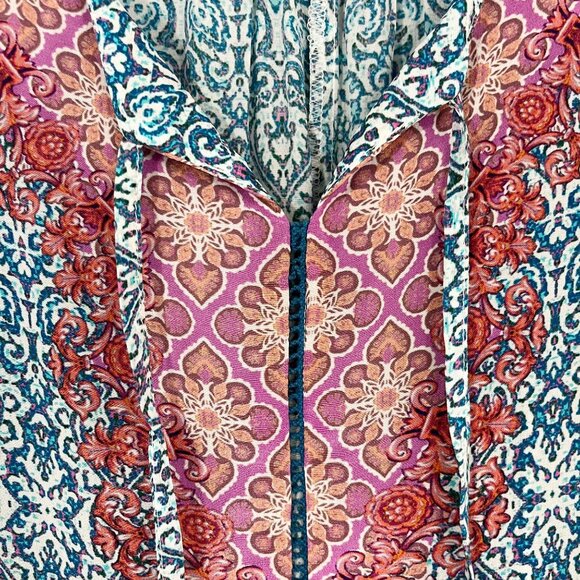 Tolani Blue Pink Mandala Print Top Peasant Silk Puff Sleeve Boho - Size Large - Picture 4 of 8
